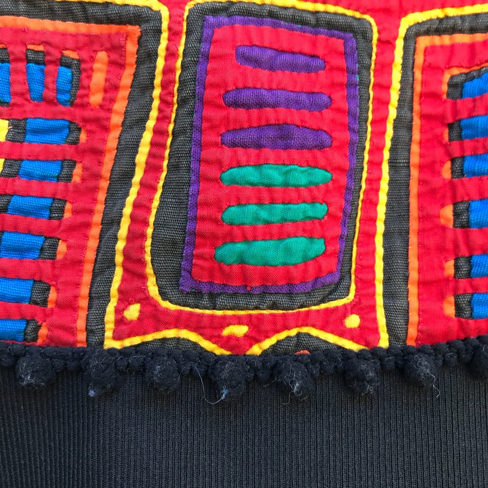Vtg 70s Colorful Mola Tribal Pom Pom Dress - Picture 5 of 8